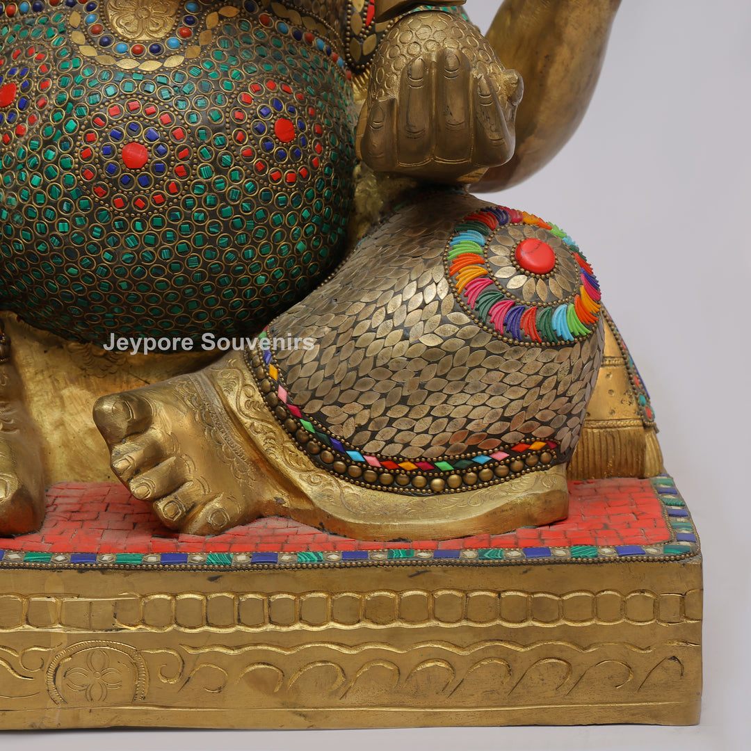 Handcrafted Brass Lord Ganesha Statue with Turquoise &amp; Red Mosaic Inlay