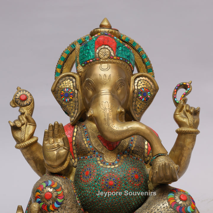Handcrafted Brass Lord Ganesha Statue with Turquoise &amp; Red Mosaic Inlay