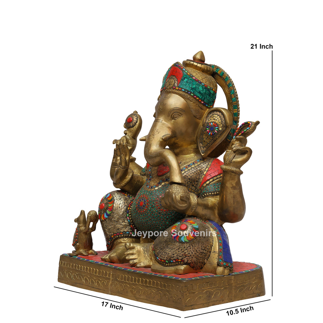 Handcrafted Brass Lord Ganesha Statue with Turquoise &amp; Red Mosaic Inlay