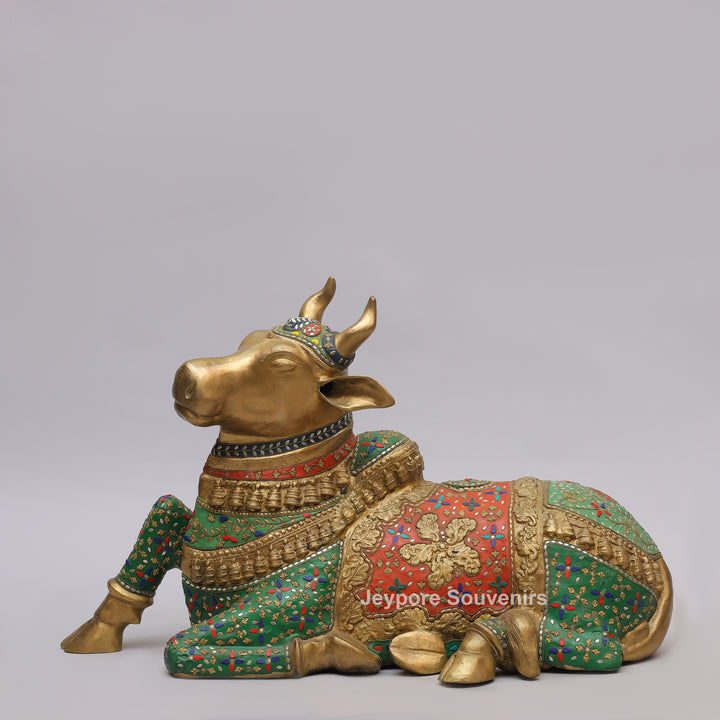 Handcrafted Brass Nandi Bull Statue with Vibrant Mosaic Inlay