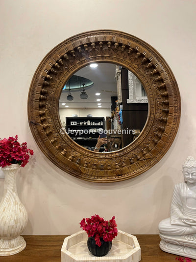 Hand carved wooden round wall mirror