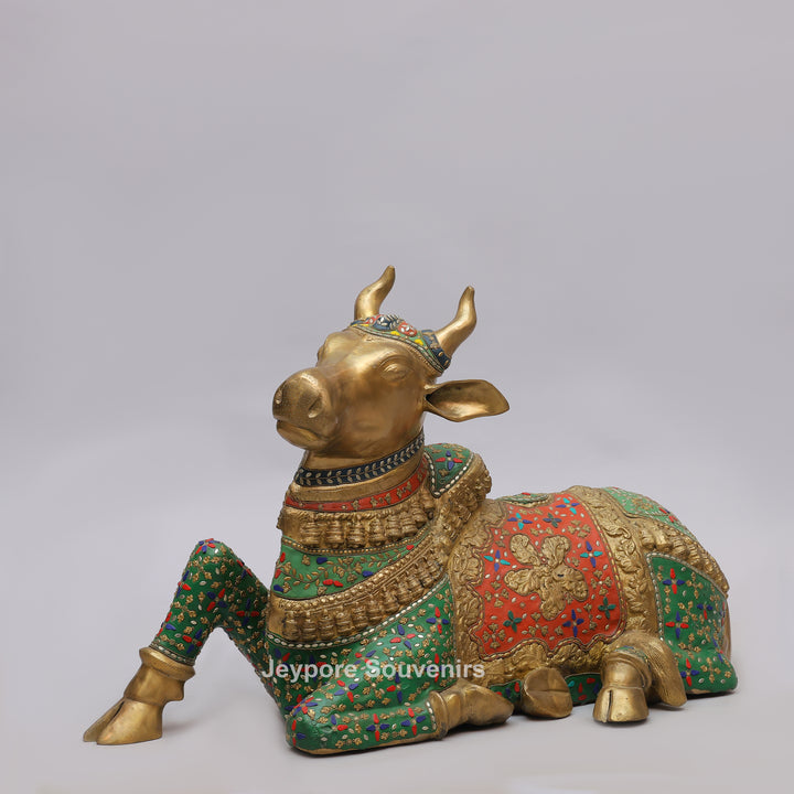 Handcrafted Brass Nandi Bull Statue with Vibrant Mosaic Inlay