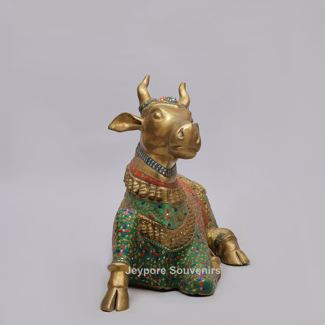 Handcrafted Brass Nandi Bull Statue with Vibrant Mosaic Inlay