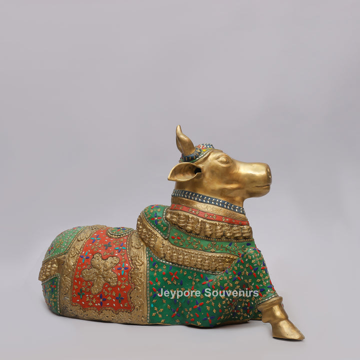 Handcrafted Brass Nandi Bull Statue with Vibrant Mosaic Inlay