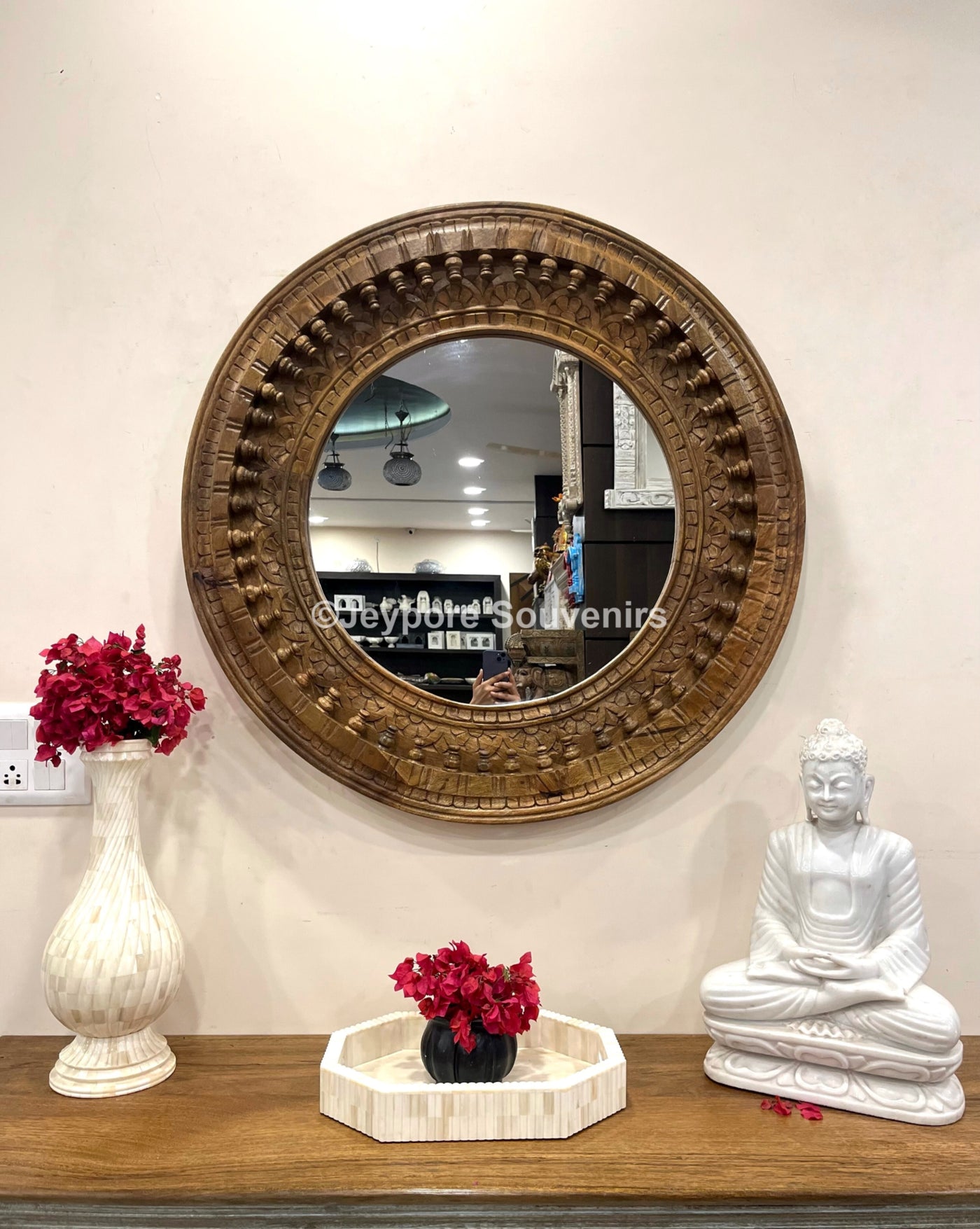 Hand carved wooden round wall mirror