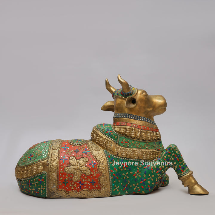 Handcrafted Brass Nandi Bull Statue with Vibrant Mosaic Inlay