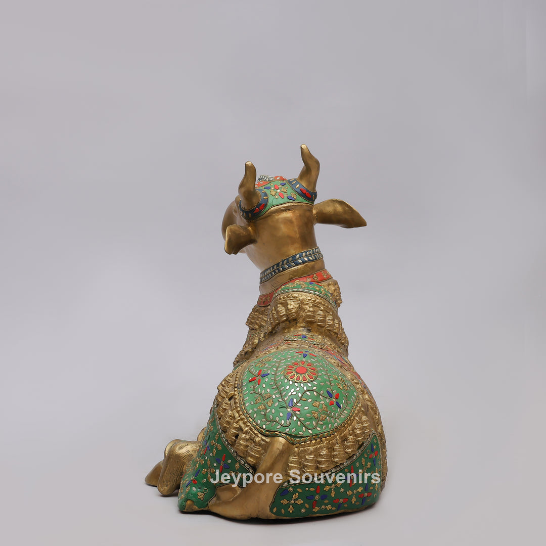 Handcrafted Brass Nandi Bull Statue with Vibrant Mosaic Inlay