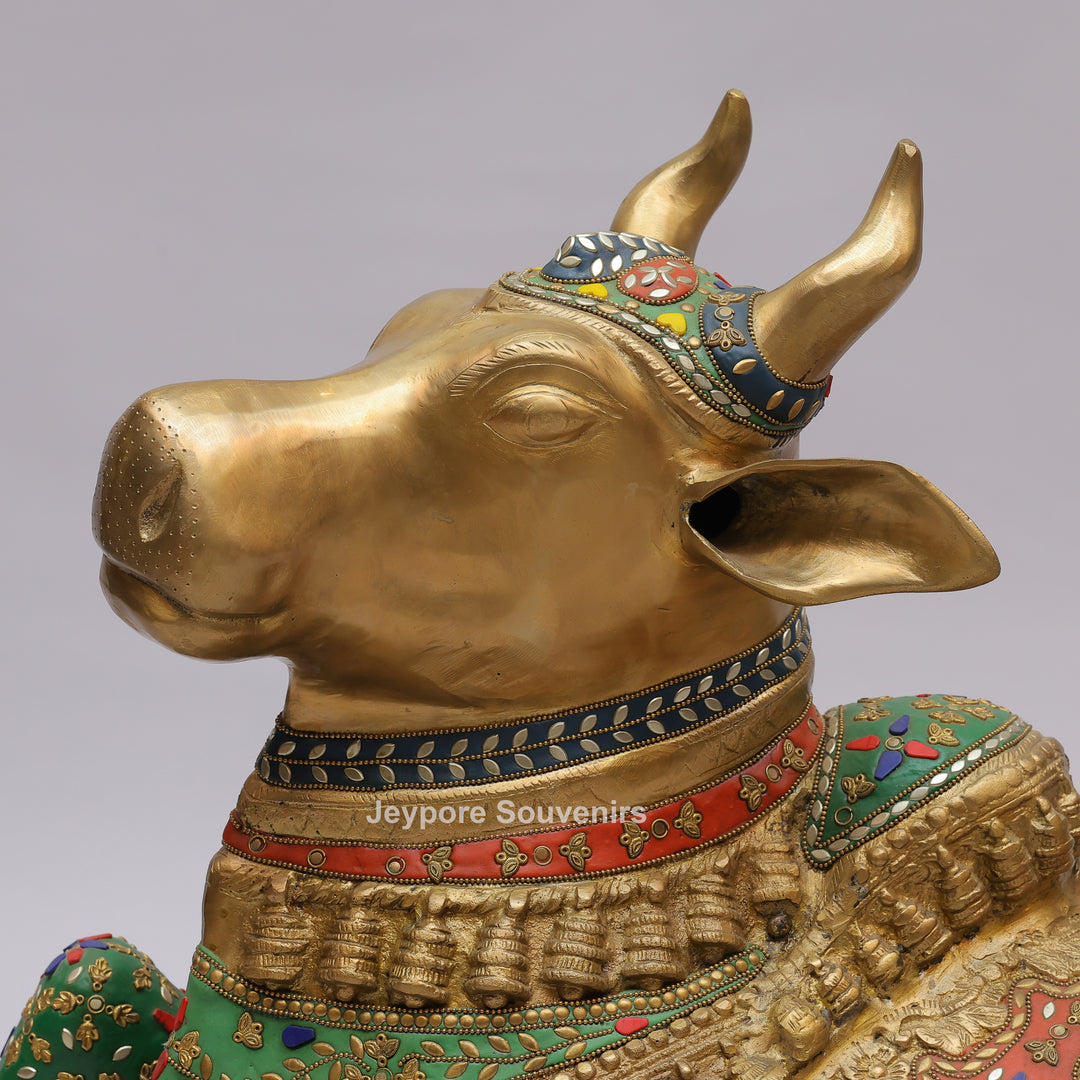 Handcrafted Brass Nandi Bull Statue with Vibrant Mosaic Inlay