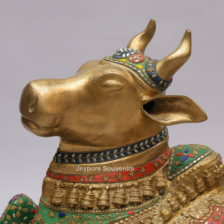 Handcrafted Brass Nandi Bull Statue with Vibrant Mosaic Inlay