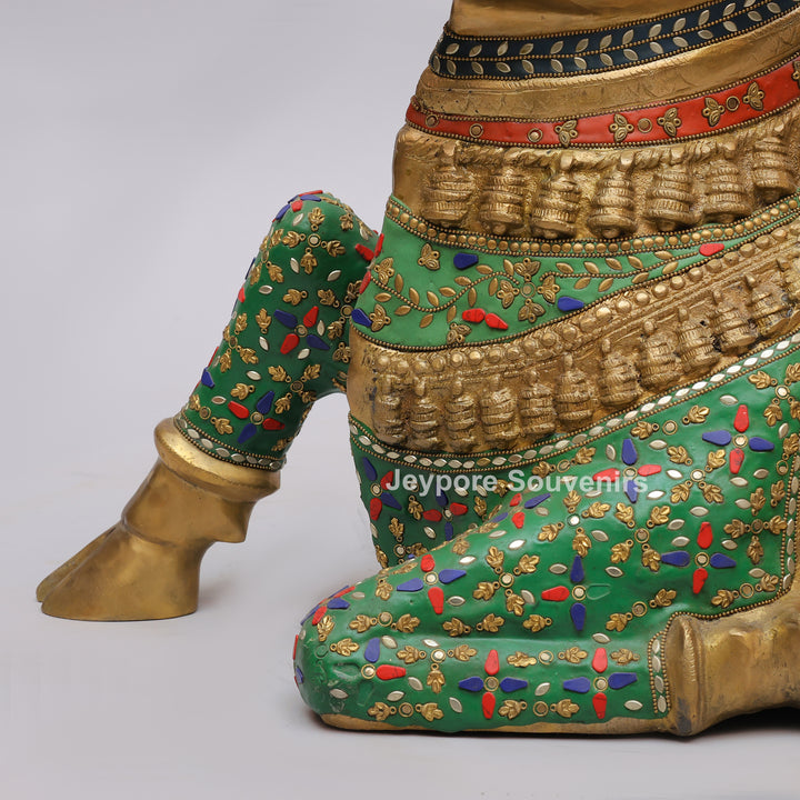 Handcrafted Brass Nandi Bull Statue with Vibrant Mosaic Inlay