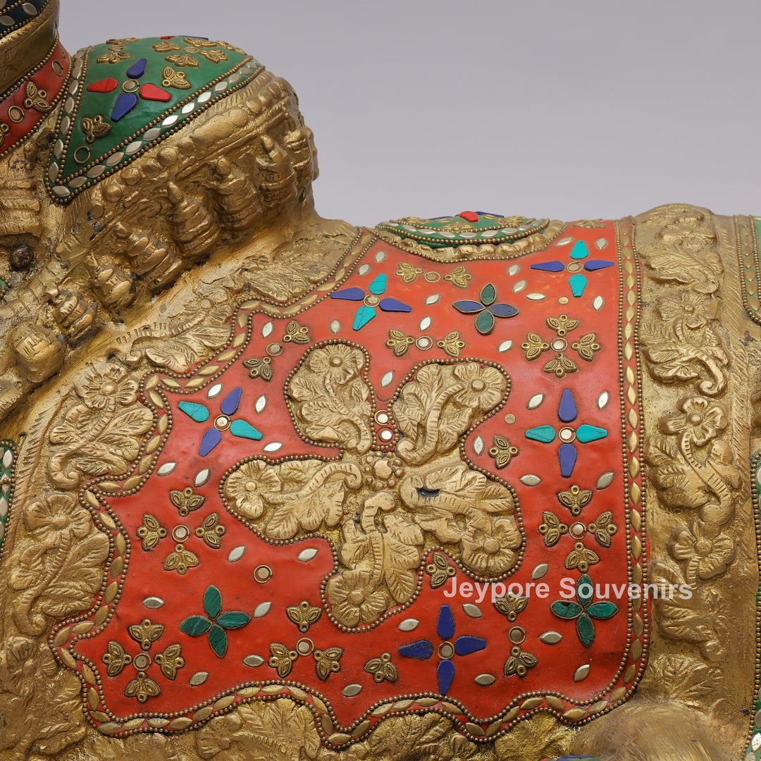 Handcrafted Brass Nandi Bull Statue with Vibrant Mosaic Inlay