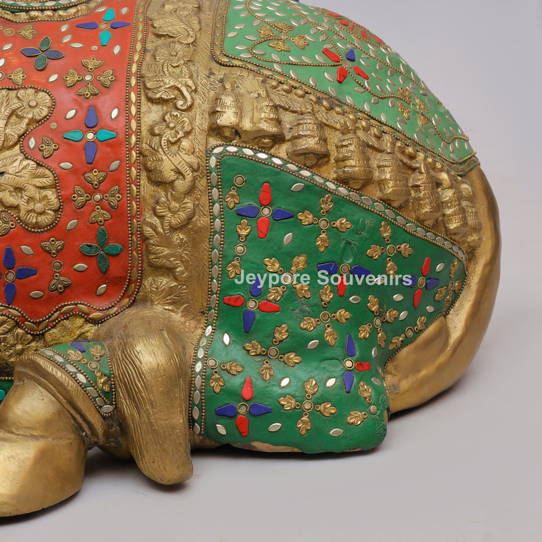 Handcrafted Brass Nandi Bull Statue with Vibrant Mosaic Inlay
