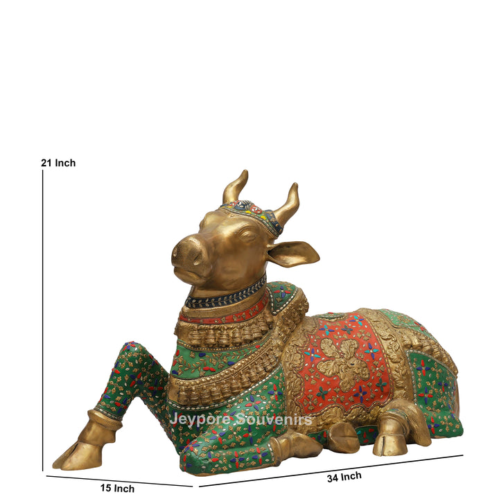 Handcrafted Brass Nandi Bull Statue with Vibrant Mosaic Inlay