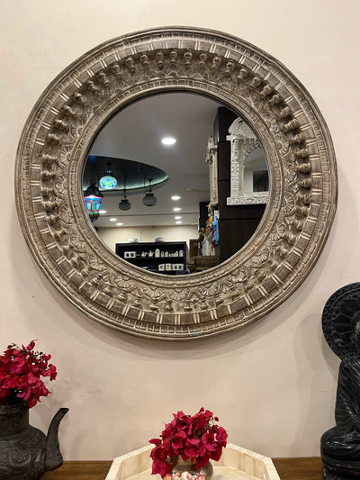 Hand carved wooden round wall mirror