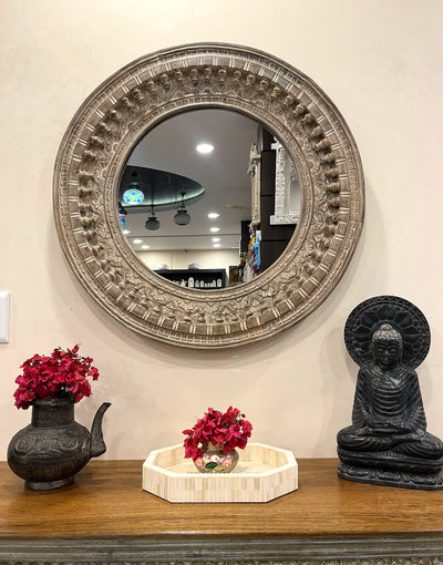 Hand carved wooden round wall mirror