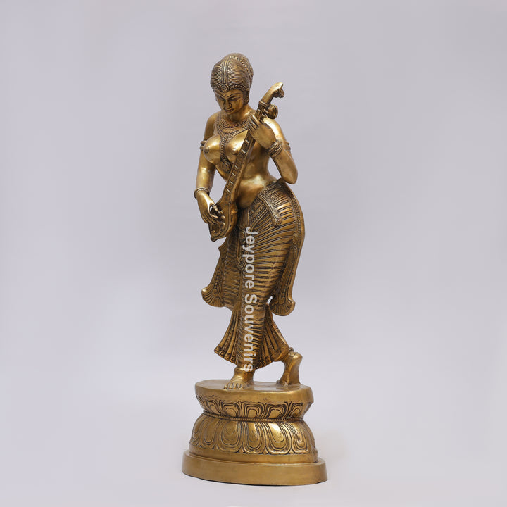 Handcrafted Brass Dancing Indian Lady Playing Veena Statue
