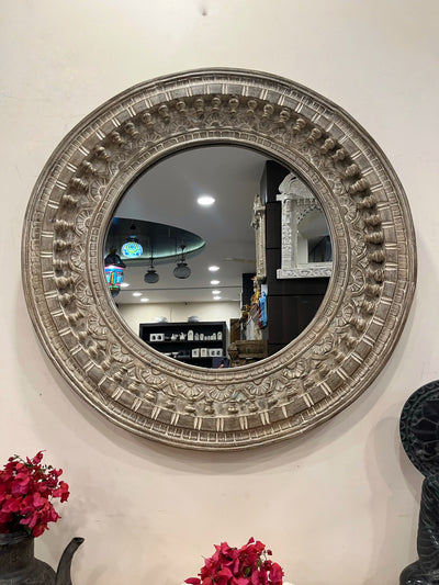 Hand carved wooden round wall mirror