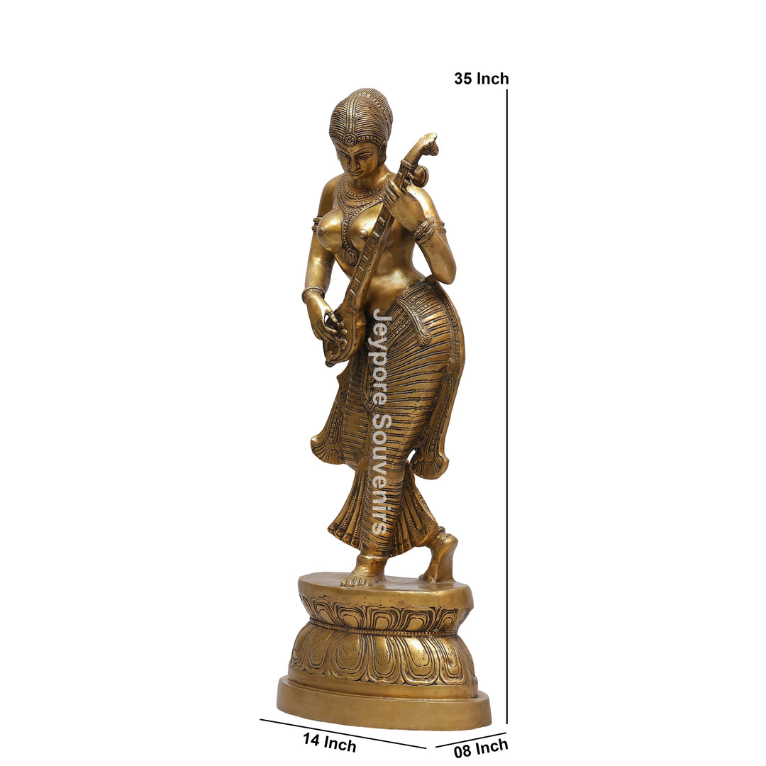 Handcrafted Brass Dancing Indian Lady Playing Veena Statue