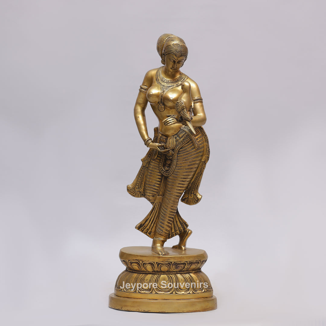 Handcrafted Solid Brass Lady with Parrot Statue With Antique Gold Finish