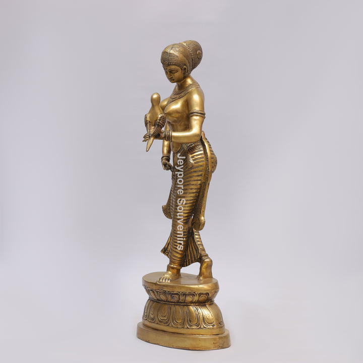 Handcrafted Solid Brass Lady with Parrot Statue With Antique Gold Finish