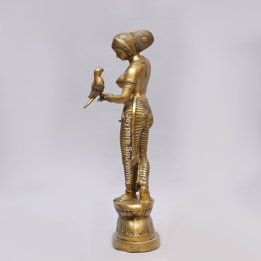 Handcrafted Solid Brass Lady with Parrot Statue With Antique Gold Finish