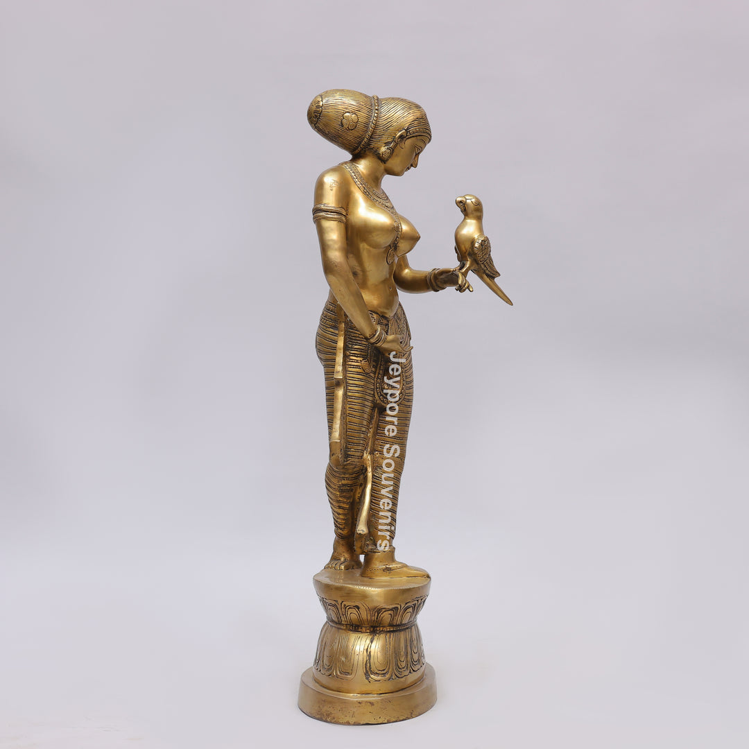 Handcrafted Solid Brass Lady with Parrot Statue With Antique Gold Finish