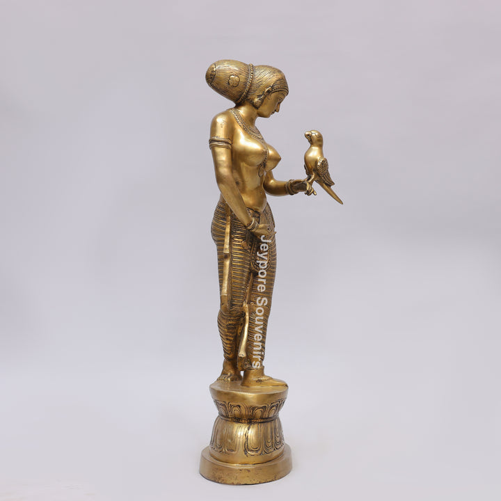 Handcrafted Solid Brass Lady with Parrot Statue With Antique Gold Finish