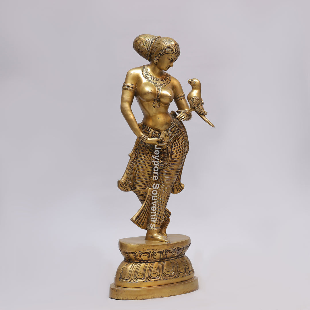 Handcrafted Solid Brass Lady with Parrot Statue With Antique Gold Finish