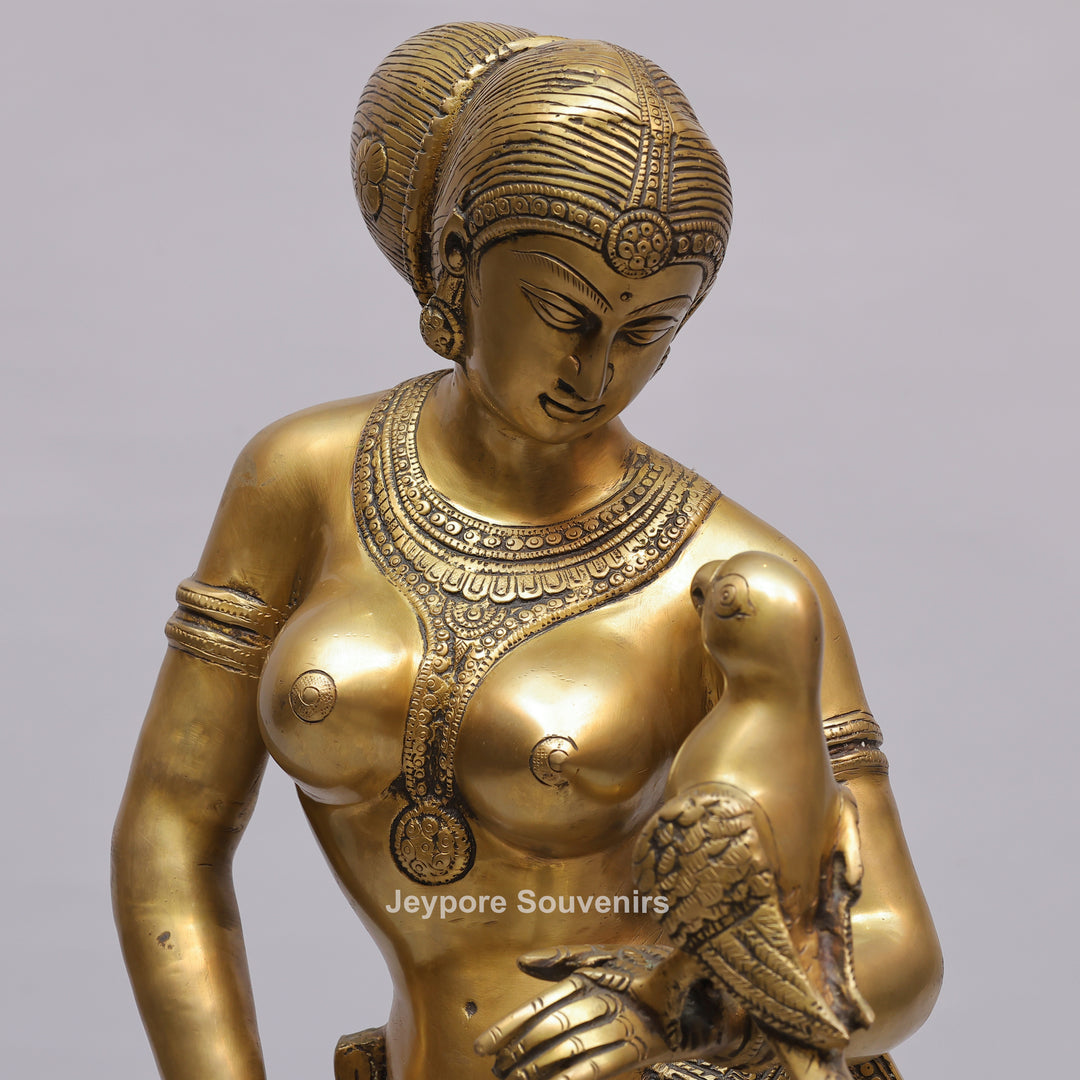 Handcrafted Solid Brass Lady with Parrot Statue With Antique Gold Finish