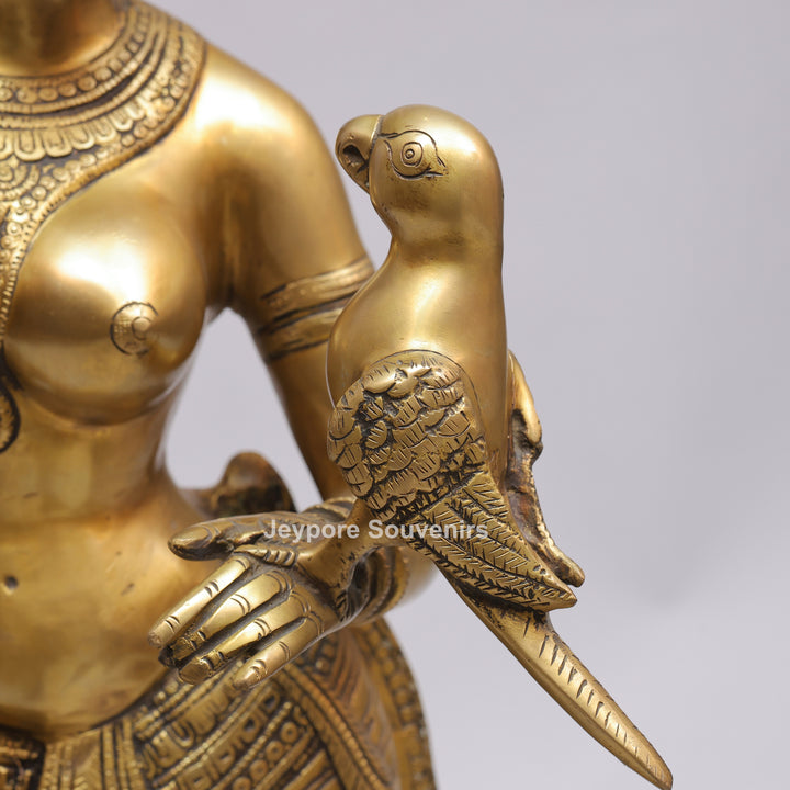 Handcrafted Solid Brass Lady with Parrot Statue With Antique Gold Finish