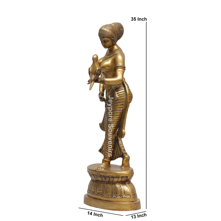 Handcrafted Solid Brass Lady with Parrot Statue With Antique Gold Finish