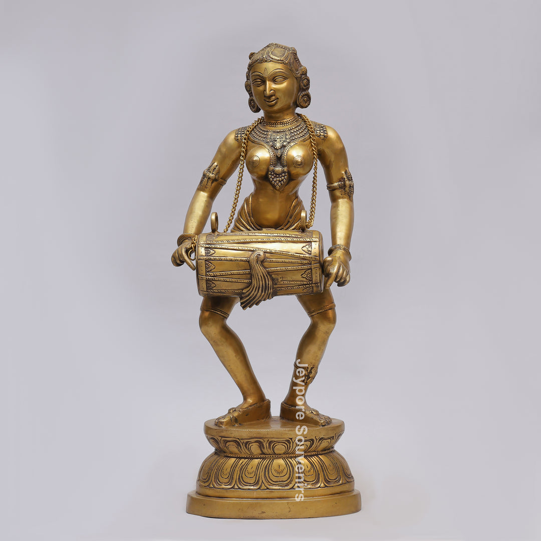 Handcrafted Brass Dancing Lady Playing Dholak Sculpture