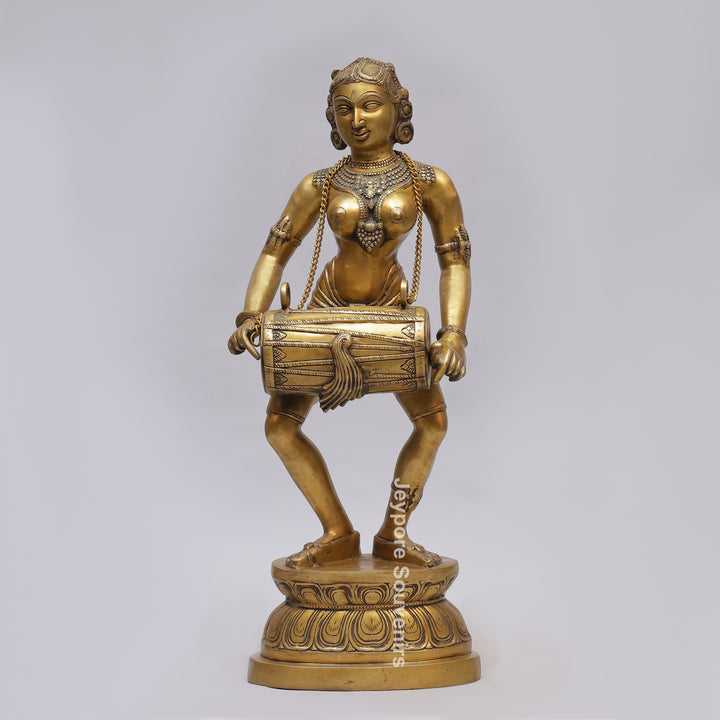 Handcrafted Brass Dancing Lady Playing Dholak Sculpture