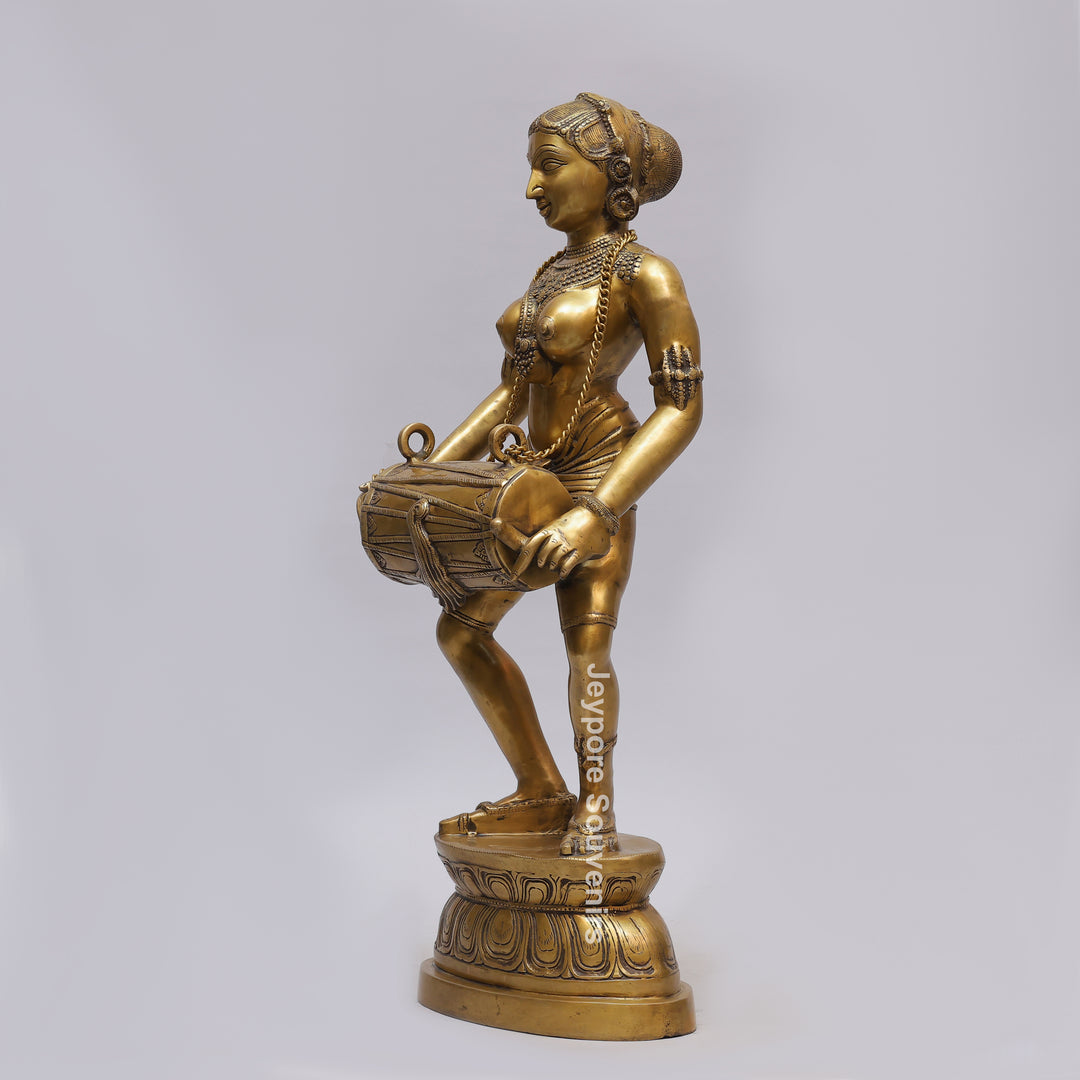 Handcrafted Brass Dancing Lady Playing Dholak Sculpture