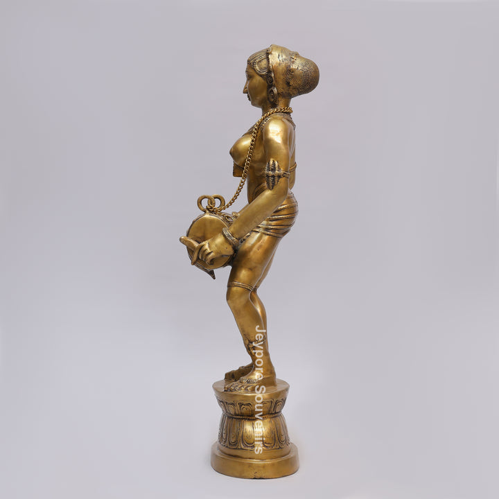 Handcrafted Brass Dancing Lady Playing Dholak Sculpture