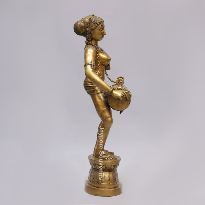 Handcrafted Brass Dancing Lady Playing Dholak Sculpture