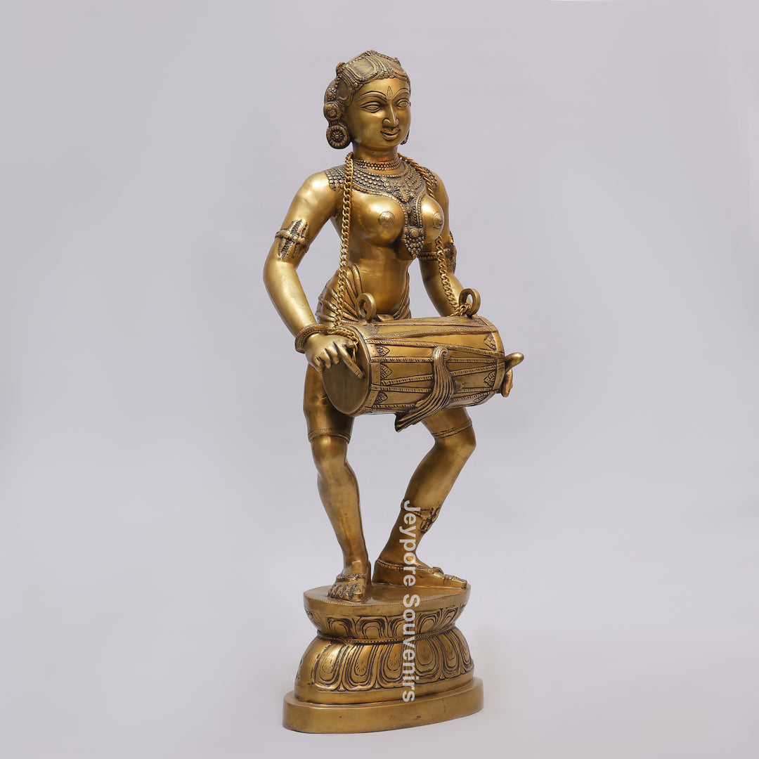 Handcrafted Brass Dancing Lady Playing Dholak Sculpture