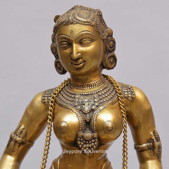 Handcrafted Brass Dancing Lady Playing Dholak Sculpture