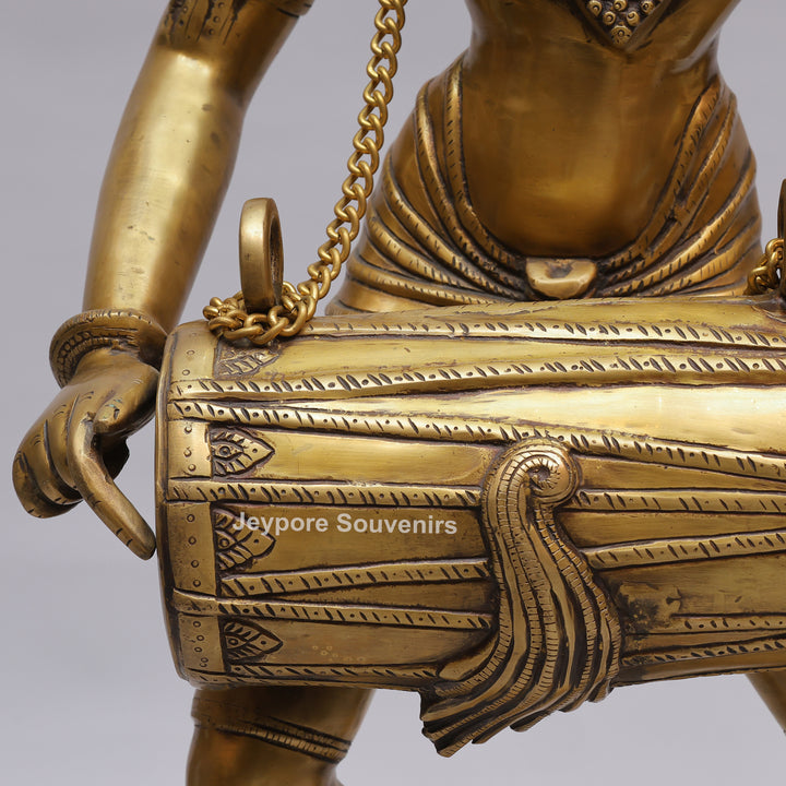 Handcrafted Brass Dancing Lady Playing Dholak Sculpture