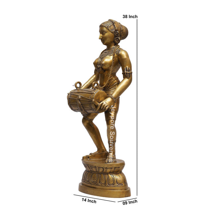 Handcrafted Brass Dancing Lady Playing Dholak Sculpture