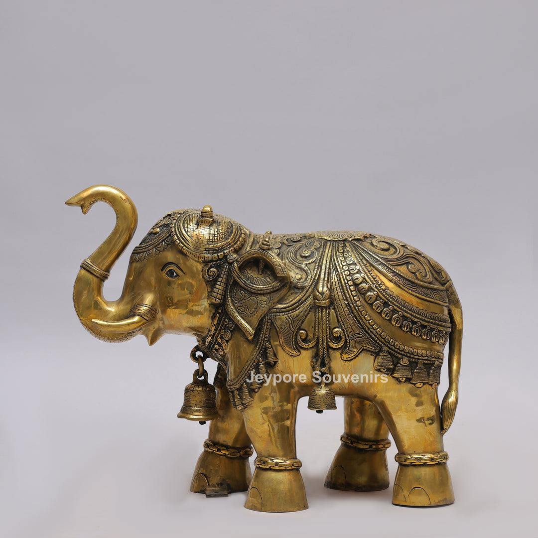 Intricately Carved Brass Elephant Statue with Hanging Bells