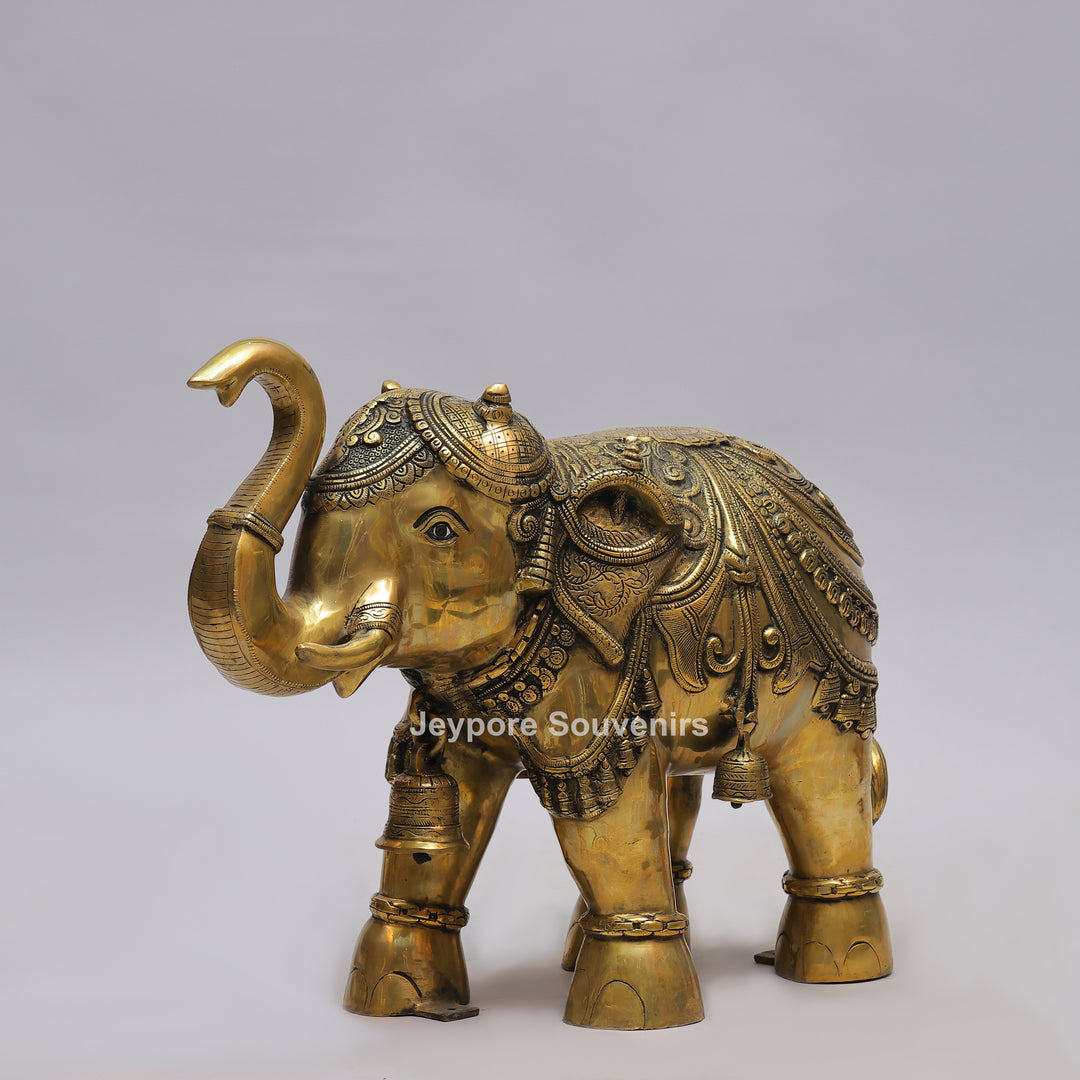 Intricately Carved Brass Elephant Statue with Hanging Bells