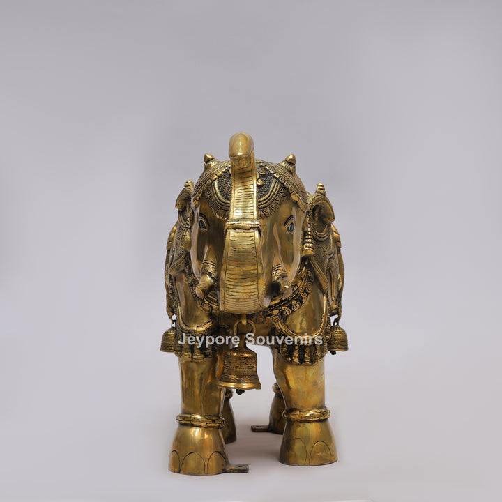 Intricately Carved Brass Elephant Statue with Hanging Bells