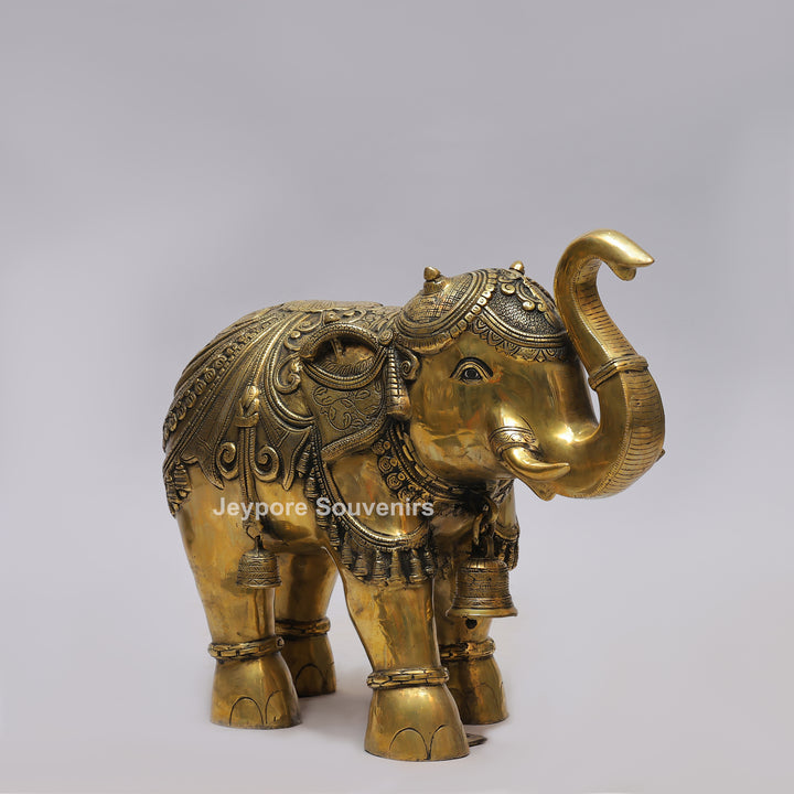 Intricately Carved Brass Elephant Statue with Hanging Bells