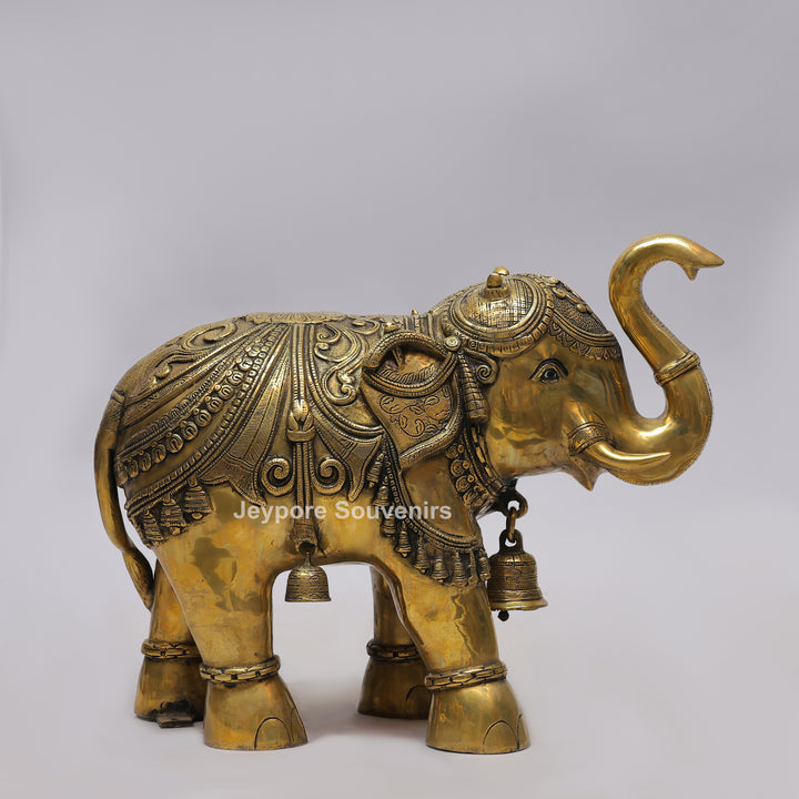Intricately Carved Brass Elephant Statue with Hanging Bells
