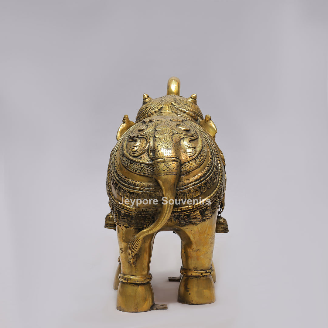 Intricately Carved Brass Elephant Statue with Hanging Bells