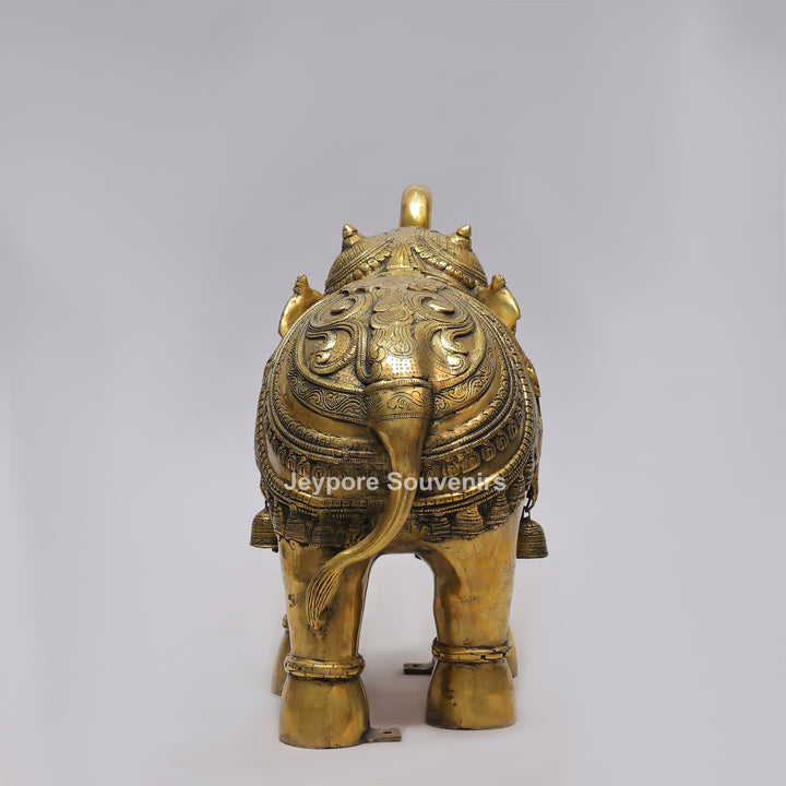 Intricately Carved Brass Elephant Statue with Hanging Bells