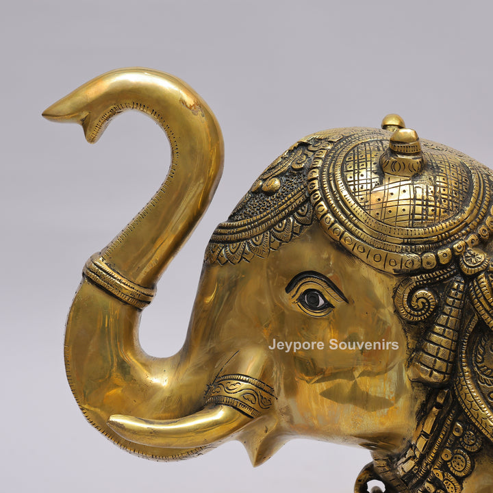 Intricately Carved Brass Elephant Statue with Hanging Bells