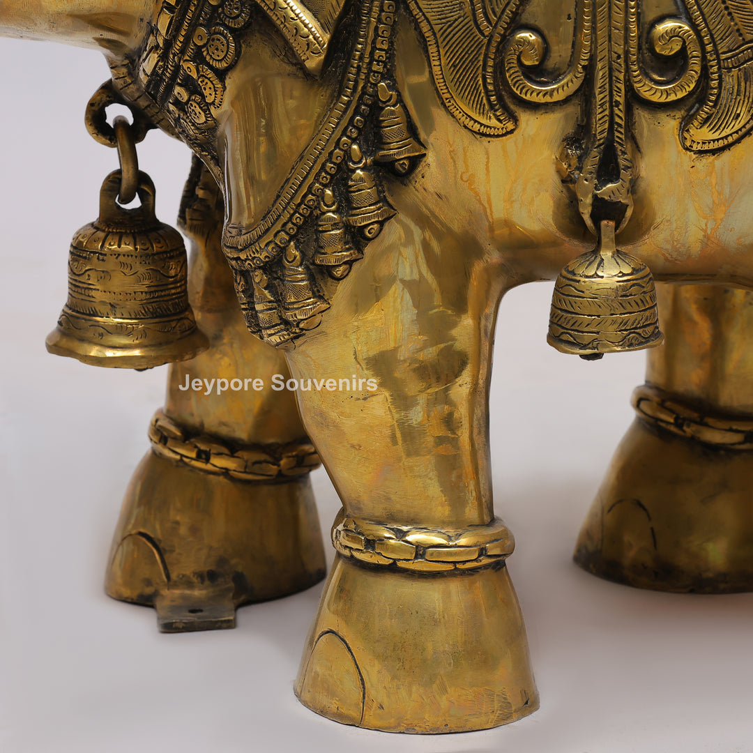 Intricately Carved Brass Elephant Statue with Hanging Bells