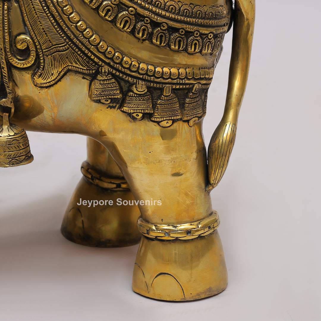Intricately Carved Brass Elephant Statue with Hanging Bells